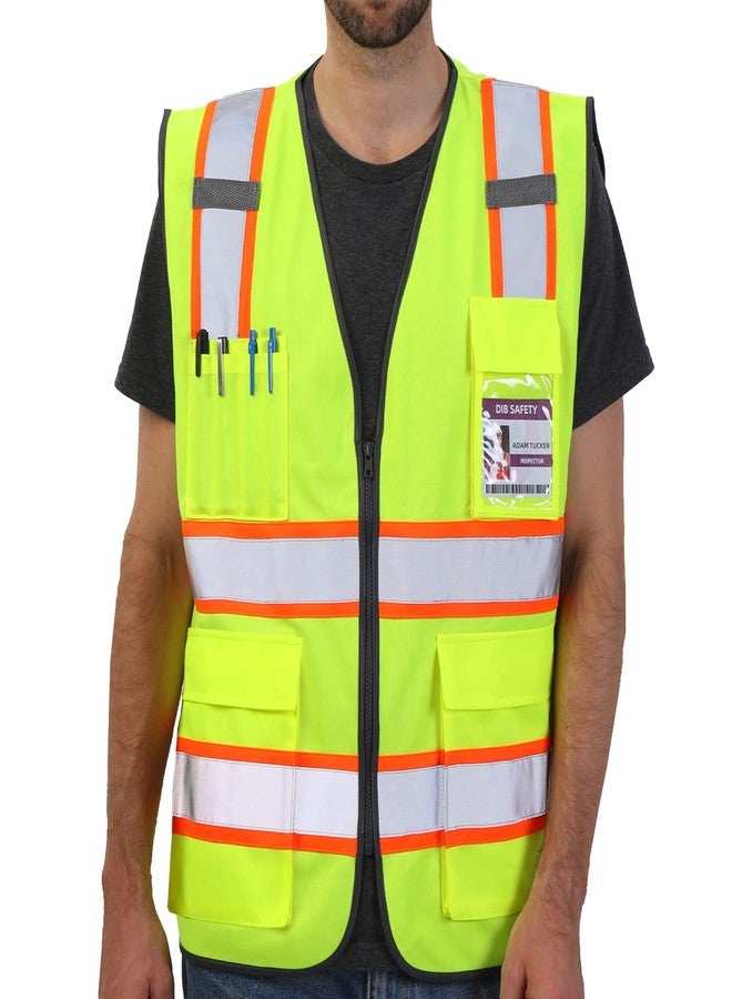 Dib Safety سترة عاكسة للسلامة من ديب، عالية الوضوح بلونين، مزودة بجيوب وسحاب، متوافقة مع معايير ANSI من الفئة 2، لون أصفر مع حواف برتقالية، مقاس متوسط - Image 1